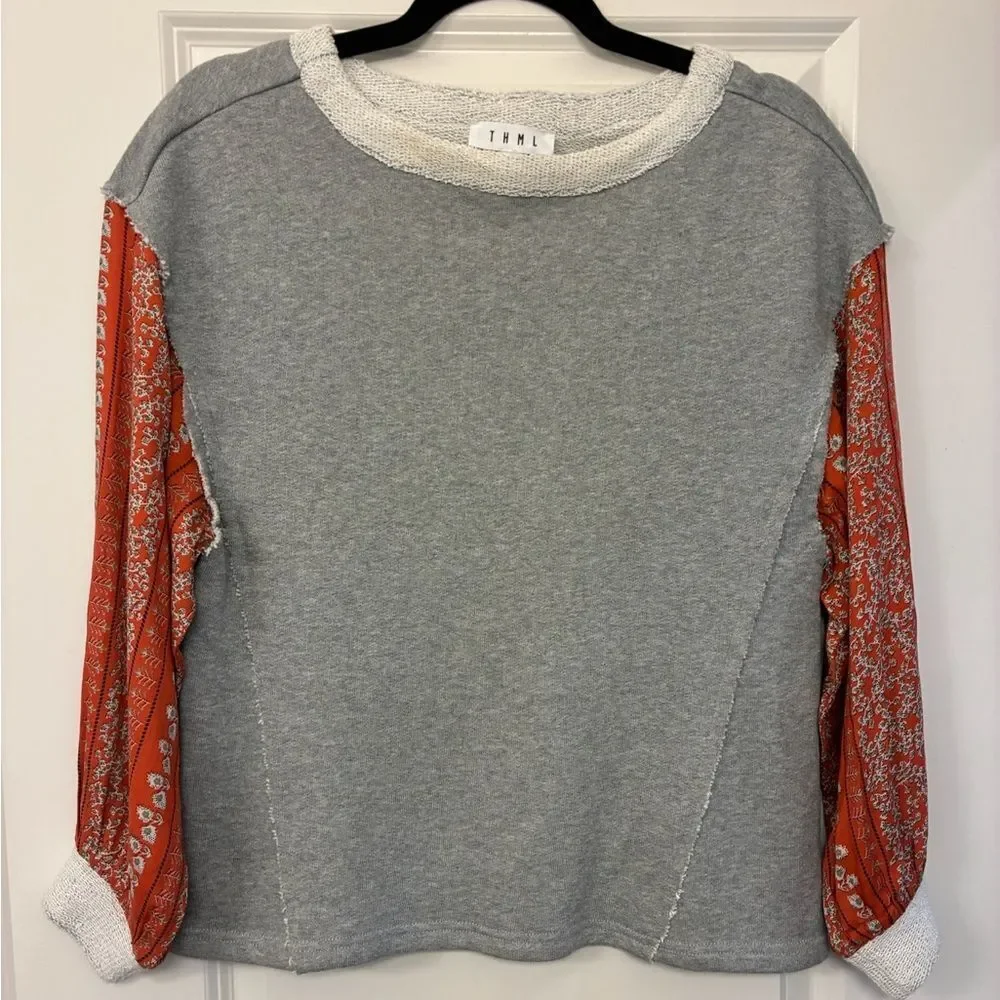 ANTHROPOLOGIE THML Long Sleeve Printed Sleeve Top Women’s Size XS